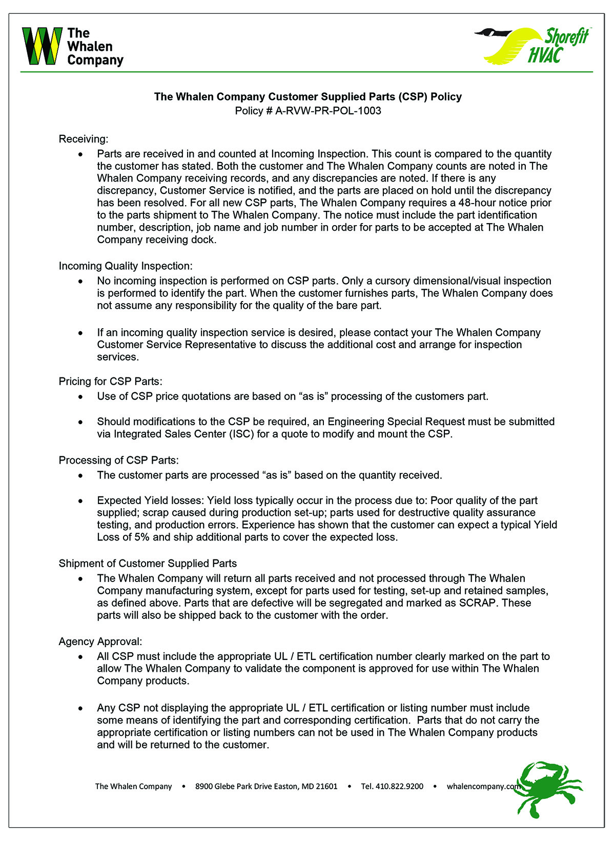 Policy Customer Supplied Parts Policy Thumbnail