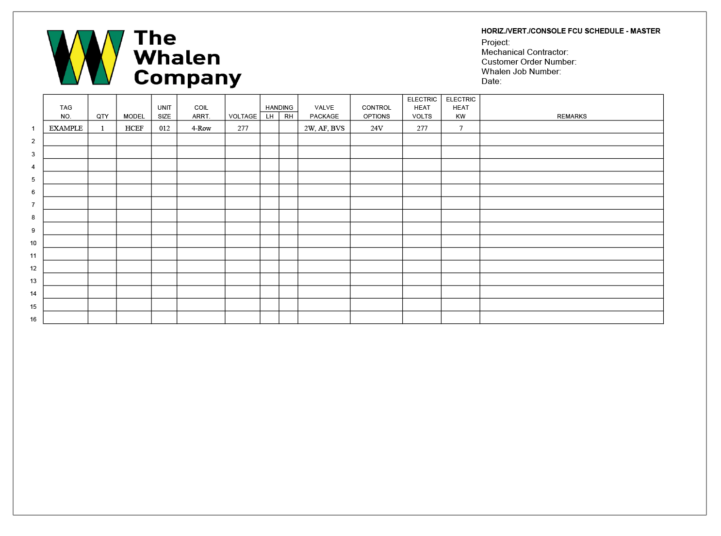 Horizontal and Vertical Fan Coil Production Schedule