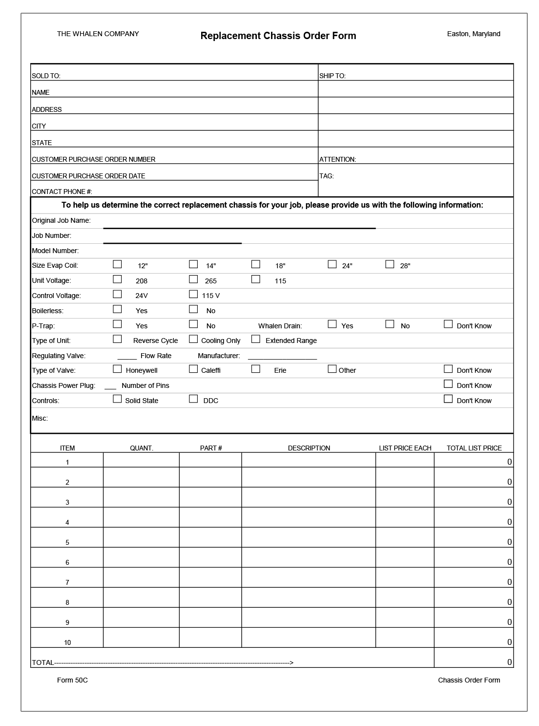 Replacement Chassis Order Form